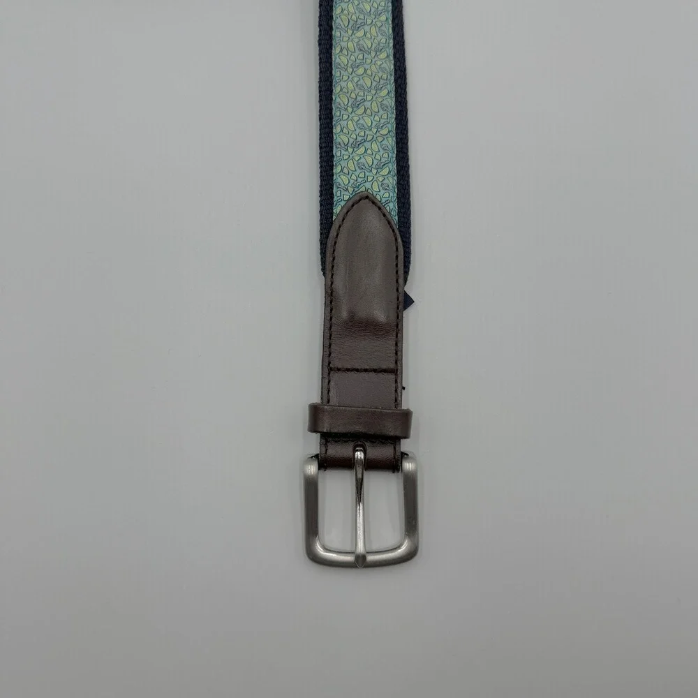 Vineyard Vines Mens Belt Navy Blue Canvas Silk Lime Key Print Leather Trim Sz 34